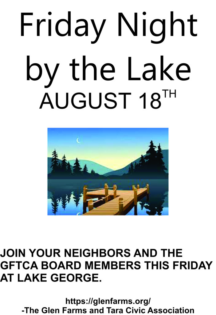 A poster with a lake and mountains in the background.